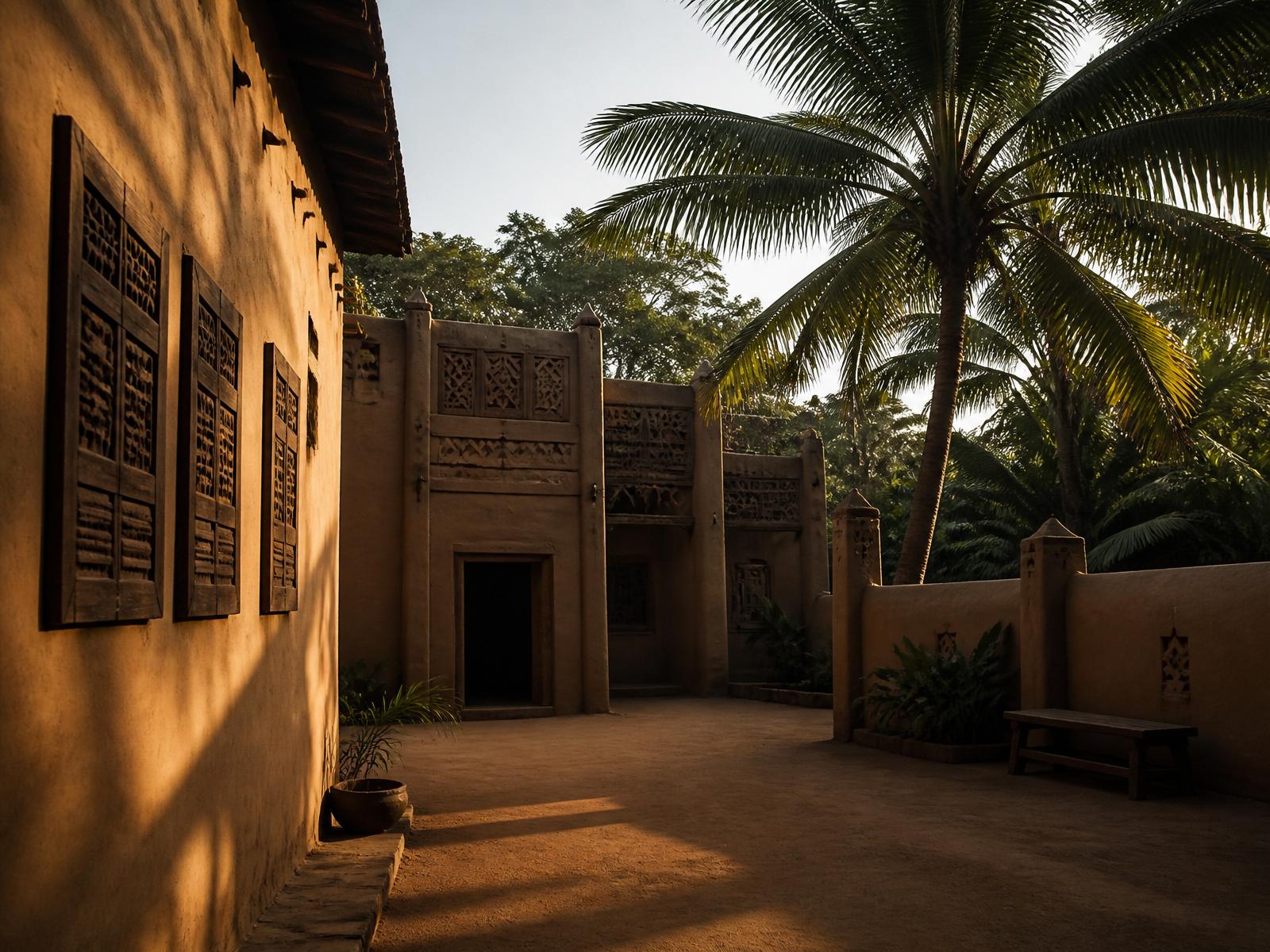 Warm earthen architecture with carved wooden windows at golden hour.