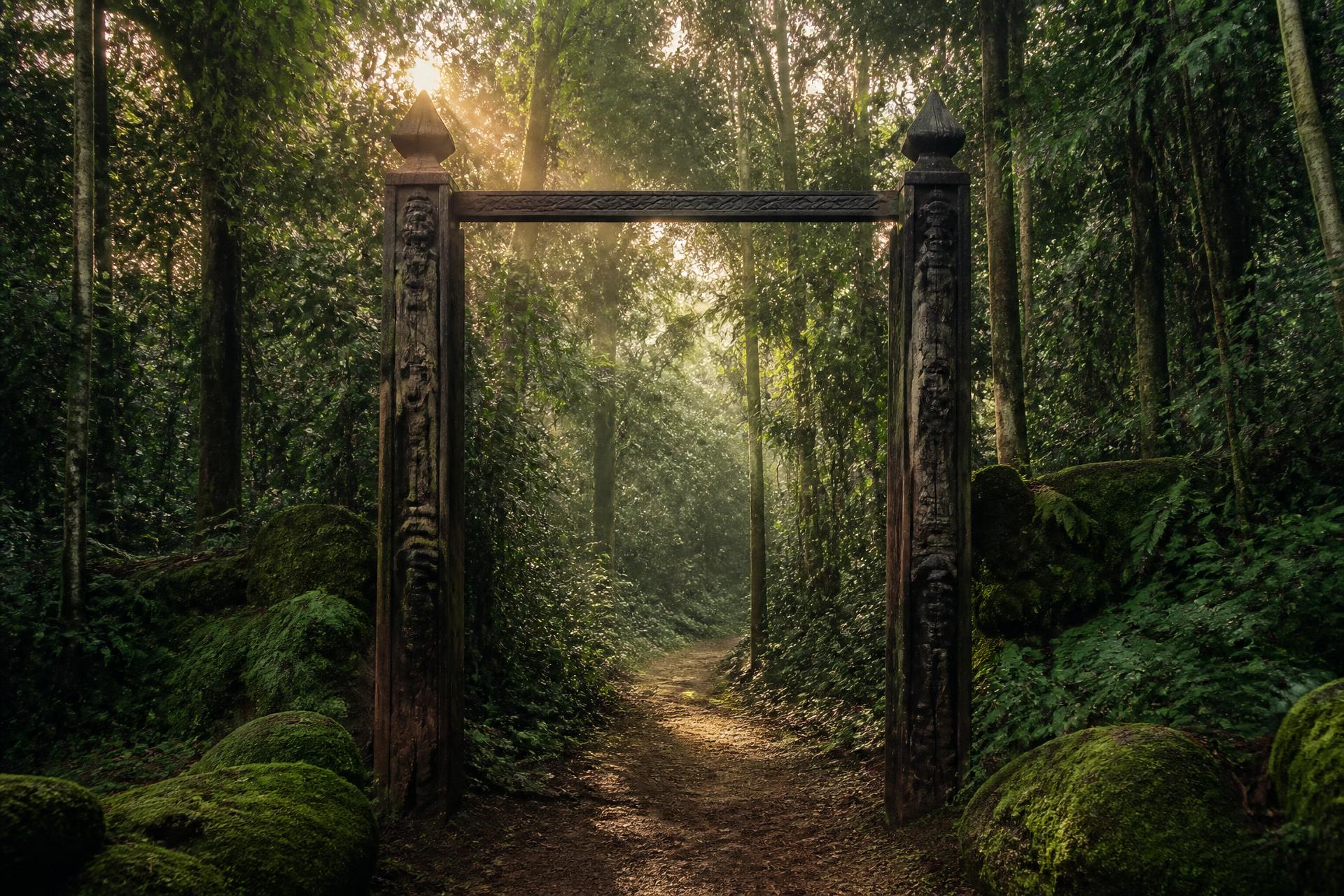 A carved wooden gateway opens onto a natural forest pathway lit by dawn light.